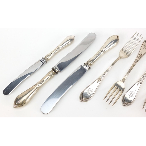 367 - E Weitz Glogau, German Art Nouveau 800 silver cutlery, the knives with steel blades, the largest 25c... 