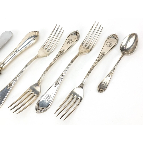 367 - E Weitz Glogau, German Art Nouveau 800 silver cutlery, the knives with steel blades, the largest 25c... 