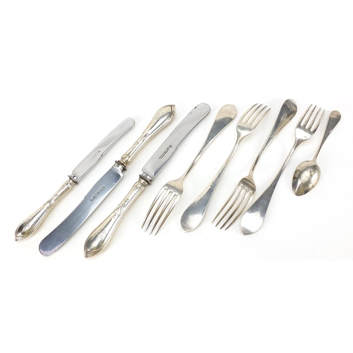 367 - E Weitz Glogau, German Art Nouveau 800 silver cutlery, the knives with steel blades, the largest 25c... 