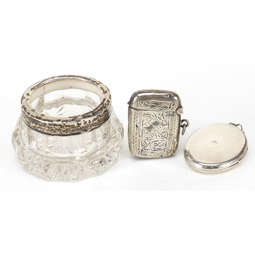 1516 - Silver objects comprising vesta, oval locket and cut glass salt with silver mount, various hallmarks... 