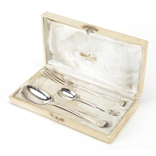 1818 - French silver plated tablespoon, fork and teaspoon, housed in a Ravinet D'Enfert fitted case, the fo... 