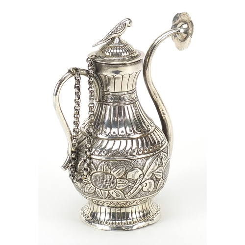 277 - Turkish unmarked silver rosewater sprinkler with bird finial, 13.5cm high, 191.2g