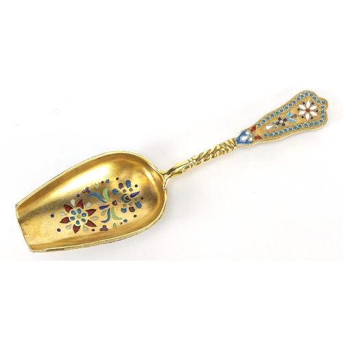 368 - Silver gilt and enamel spoon, impressed Russian marks, 13cm in length, 40.6g