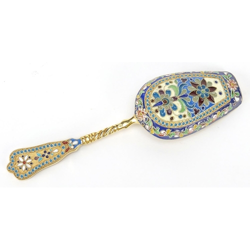 368 - Silver gilt and enamel spoon, impressed Russian marks, 13cm in length, 40.6g