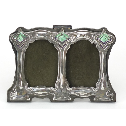 1513 - Art Nouveau design sterling silver and enamel double easel photo frame, 11cm x 7.5cm