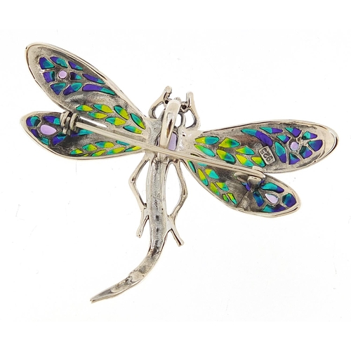 1151 - Silver plique a jour and marcasite dragonfly pendant brooch set with purple and pink stones, 5.8cm w... 