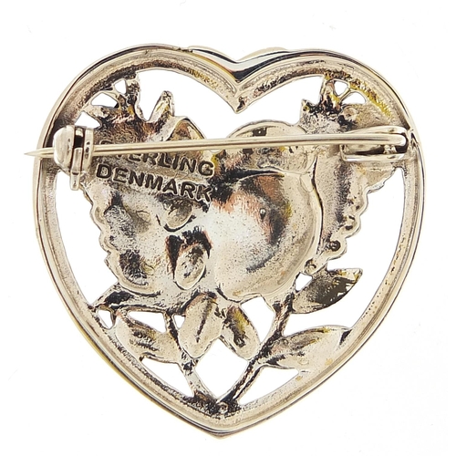 1140 - Modernist sterling silver bird and love heart brooch, 3.2cm high, 8.0g