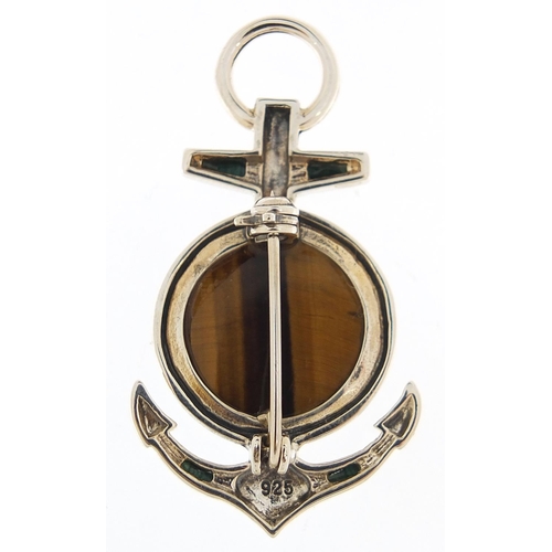 1162 - Naval interest silver anchor brooch set with tiger's eye and malachite, 4.2cm high, 7.0g