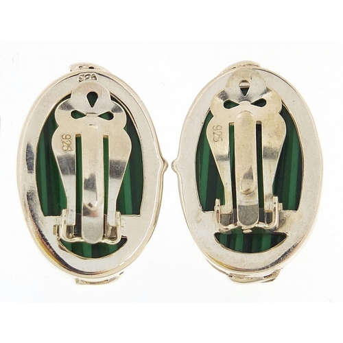 1159 - Pair of Modernist silver green striped stone clip on earrings, 2.5cm high, 16.0g