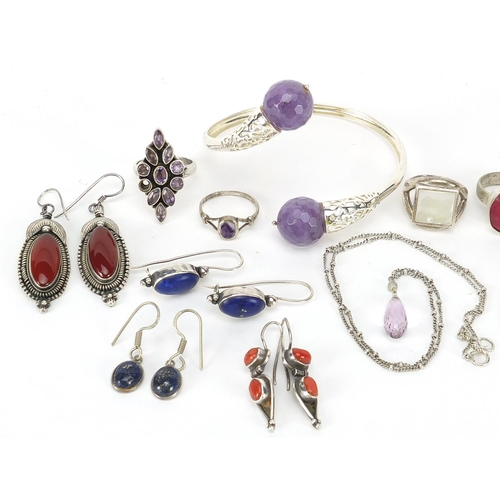 1145 - Group of silver semi precious stone jewellery including amethyst bangle and earrings, 78.0g