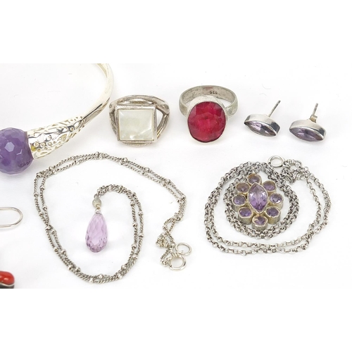 1145 - Group of silver semi precious stone jewellery including amethyst bangle and earrings, 78.0g