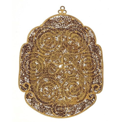 1281 - Chinese gilt metal filigree pendant inset with a carved green jade panel, 11.5cm x 8.5cm