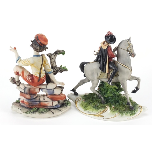 1204 - Two Capodimonte porcelain figure groups including one of a cavalier on horseback, the largest 21cm h... 