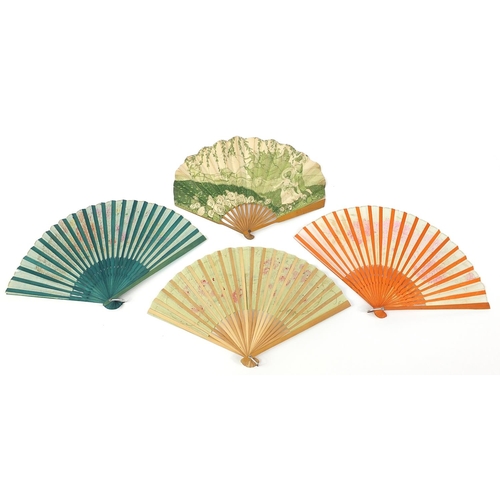 1296 - Four Art Deco fans decorated with figures and flowers, the largest 22.5cm in length when closed