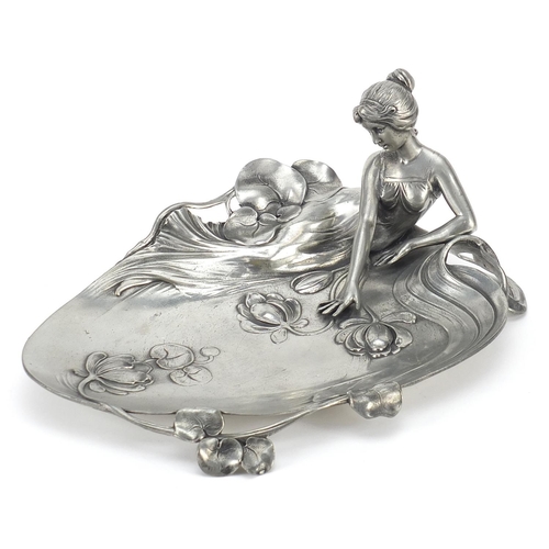 1225 - WMF style pewter card tray in the form of a maiden beside a lily pad, 25.5cm wide