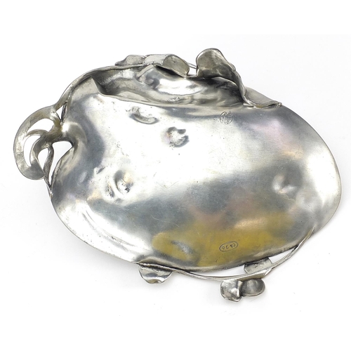 1225 - WMF style pewter card tray in the form of a maiden beside a lily pad, 25.5cm wide