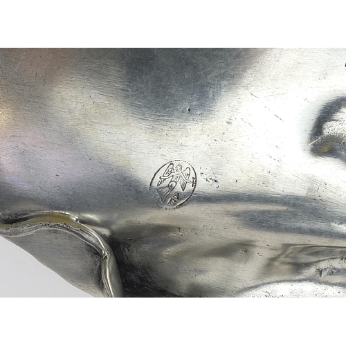 1225 - WMF style pewter card tray in the form of a maiden beside a lily pad, 25.5cm wide