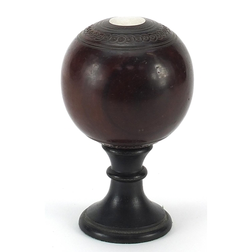 252 - Presentation rosewood bowl by Jaques of London with inset silver plaques on ebonised stand, overall ... 