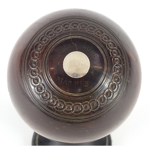 252 - Presentation rosewood bowl by Jaques of London with inset silver plaques on ebonised stand, overall ... 