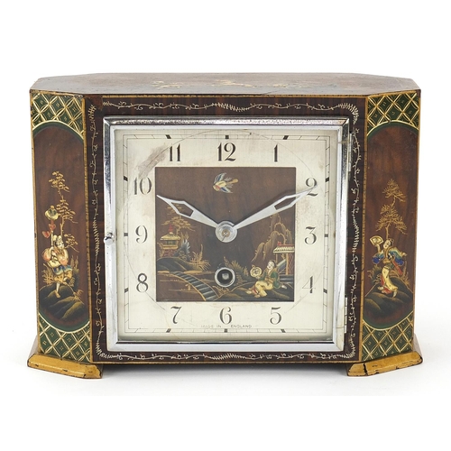 228 - Astral, early 20th century chinoiserie lacquered mantle clock decorated with figures in landscapes, ... 