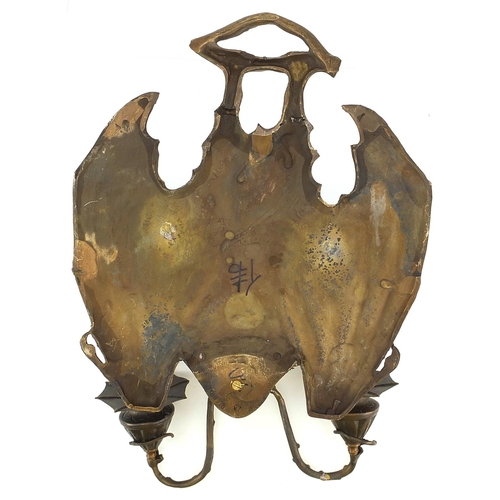 225 - Art Nouveau style patinated bronze bat design two branch wall sconce, 35cm high