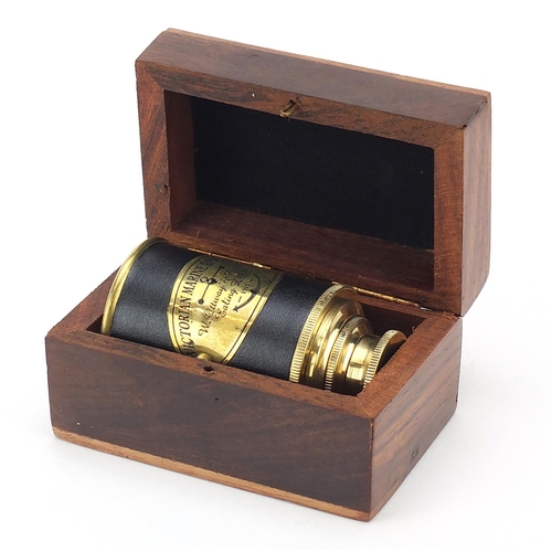 1319 - Naval interest marine brass three draw telescope with hardwood case, 7.5cm in length when closed