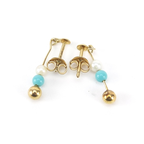 885 - Pair of 9ct gold pearl and turquoise drop earrings, 2cm high, 1.0g