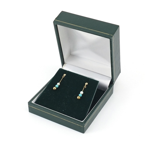 885 - Pair of 9ct gold pearl and turquoise drop earrings, 2cm high, 1.0g