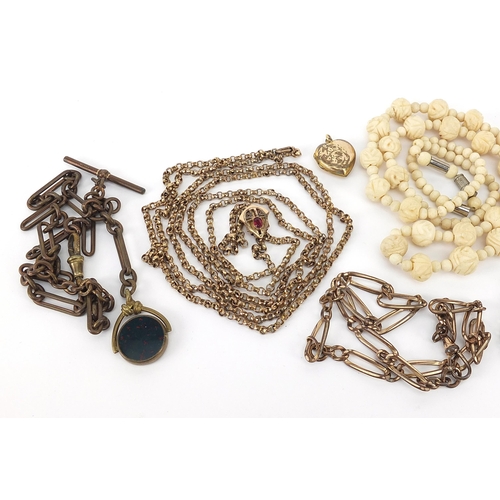 1097 - Antique and later jewellery including gold plated Longuard chain, glass necklace, Eastern necklace w... 