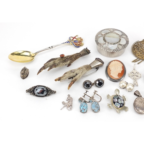 1100 - Antique and later jewellery and objects including a silver and enamel spoon, two rabbit's foot brooc... 