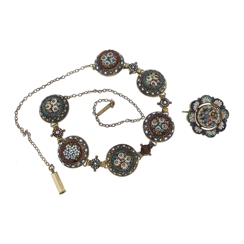 1112 - Antique Italian micro mosaic necklace and brooch, the necklace 42cm in length