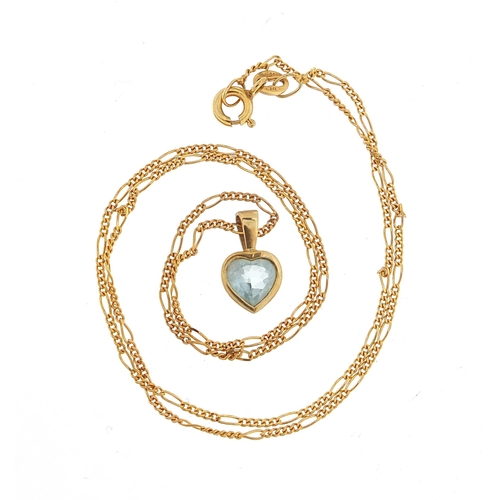 833 - 9ct gold blue topaz love heart pendant on a 9ct gold Figaro link necklace, 1.3cm high and 40cm in le... 