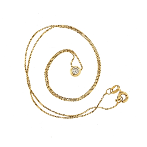 811 - Unmarked gold diamond solitaire pendant on an 18ct gold necklace, 5mm in diameter and 38cm in length... 