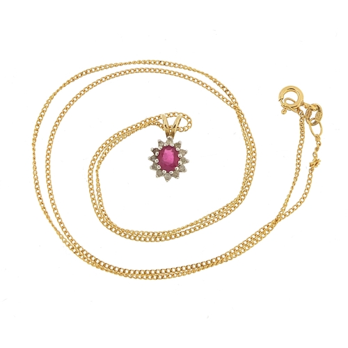 778 - Unmarked gold ruby and diamond pendant of a 9ct gold necklace, 1.4cm high and 44cm in length, 2.1g