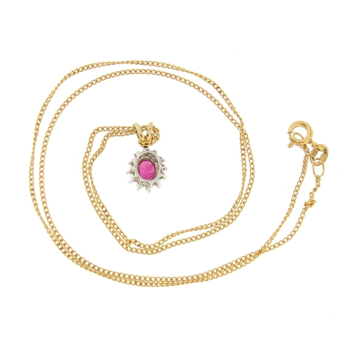 778 - Unmarked gold ruby and diamond pendant of a 9ct gold necklace, 1.4cm high and 44cm in length, 2.1g