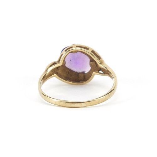 846 - 9ct gold amethyst and diamond crossover ring, size O, 2.0g