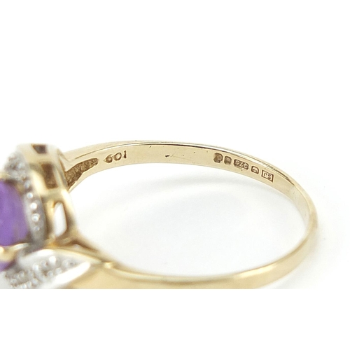 846 - 9ct gold amethyst and diamond crossover ring, size O, 2.0g