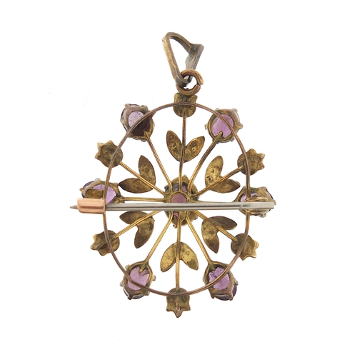 767 - Art Nouveau 9ct gold amethyst and seed pearl brooch pendant, 4cm high, 4.2g