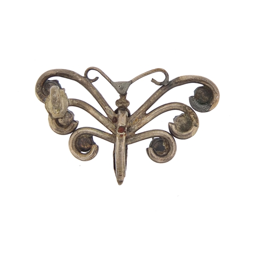 1041 - Charles Horner, Art Nouveau silver and enamel butterfly pendant set with green stones, 3cm wide, 3.0... 