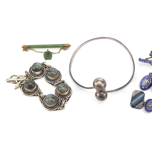 1056 - Antique and later silver jewellery including a moss agate bracelet and pendant, pair of military int... 