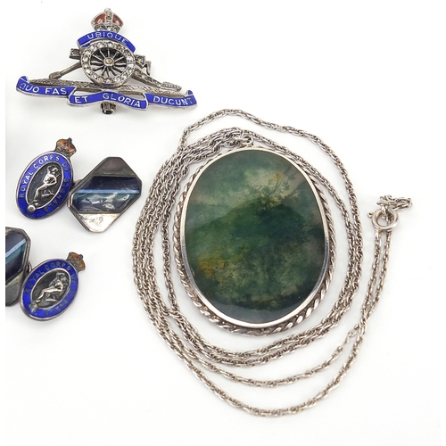 1056 - Antique and later silver jewellery including a moss agate bracelet and pendant, pair of military int... 