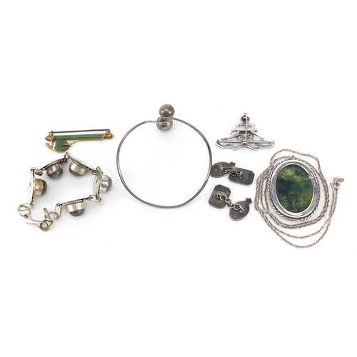 1056 - Antique and later silver jewellery including a moss agate bracelet and pendant, pair of military int... 