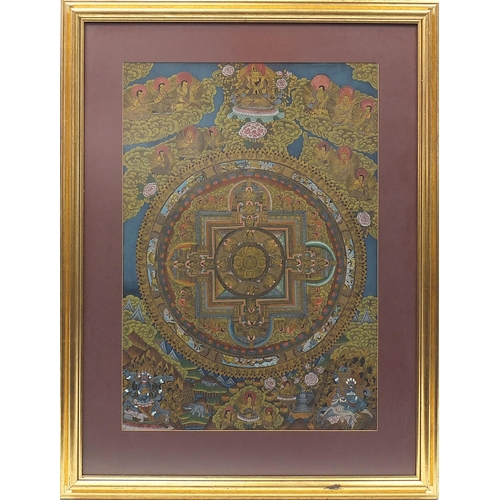 214 - Tibetan thangka hand painted with deities and animals, mounted, framed and glazed, 75cm x 52cm exclu... 