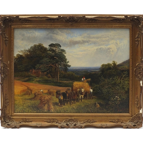 363 - Alfred Bennett - Haymaking, 19th century oil on canvas, details verso, mounted and framed, 59.5cm x ... 