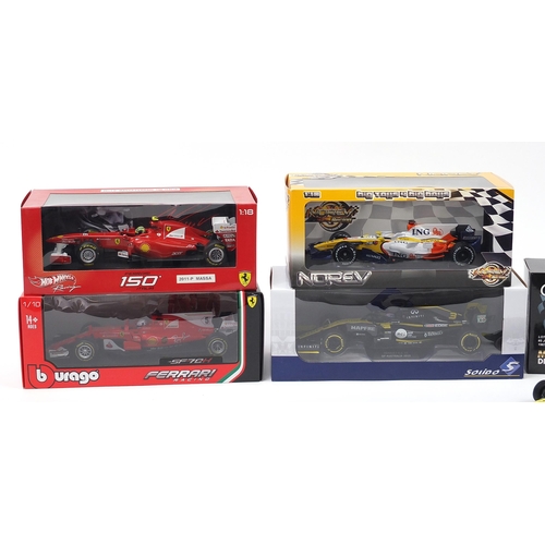 727 - Five 1/18th scale F1 racing vehicles including Sebastian Vettel Virago and Hot Wheels racing Felipe ... 