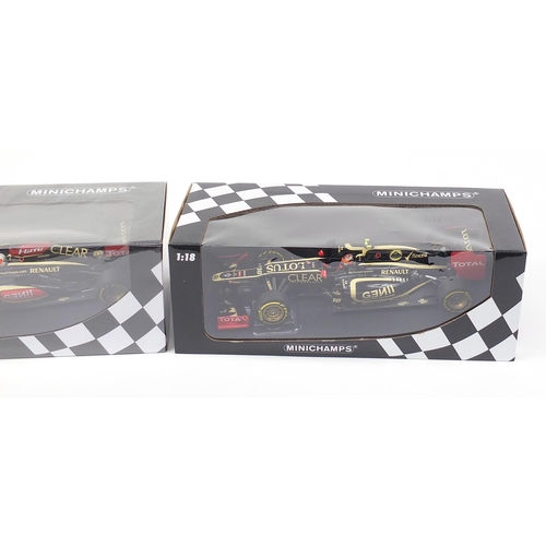 725 - Three Minichamps 1/18 scale diecast F1 vehicles comprising Roman Grosjean 2012, Kimi Raikkonen 2013 ... 