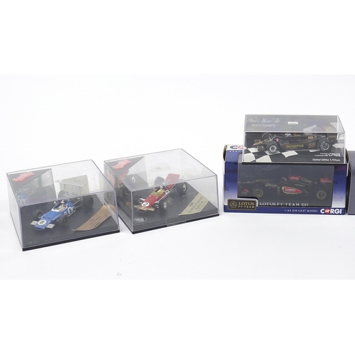 729 - Diecast racing vehicles with case including Minichamps, Corgi and Quartzo