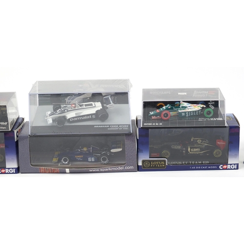 729 - Diecast racing vehicles with case including Minichamps, Corgi and Quartzo