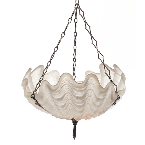 333 - Art Deco frosted glass shell design light pendant with bronze mounts, 32cm in diameter