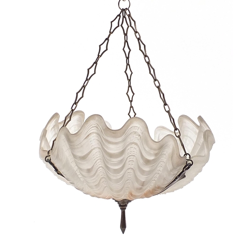 333 - Art Deco frosted glass shell design light pendant with bronze mounts, 32cm in diameter